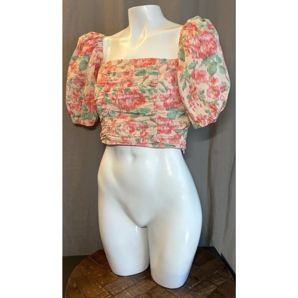 Urban Revivo Cottagecore Flowers Floral Puff Sleeve Crop Top Pink Size Size 6 - Picture 2 of 11